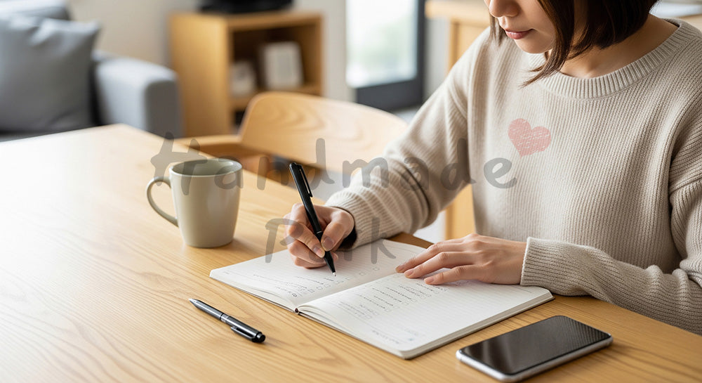 フリー素材 無料 写真｜ダイニングテーブルで一週間分のToDoリストを書く日本人主婦の家事計画シーン