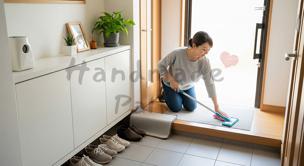 フリー素材 無料 写真｜玄関のたたきをモップや雑巾で拭き掃除する日本人主婦のエントランスケア 背景素材