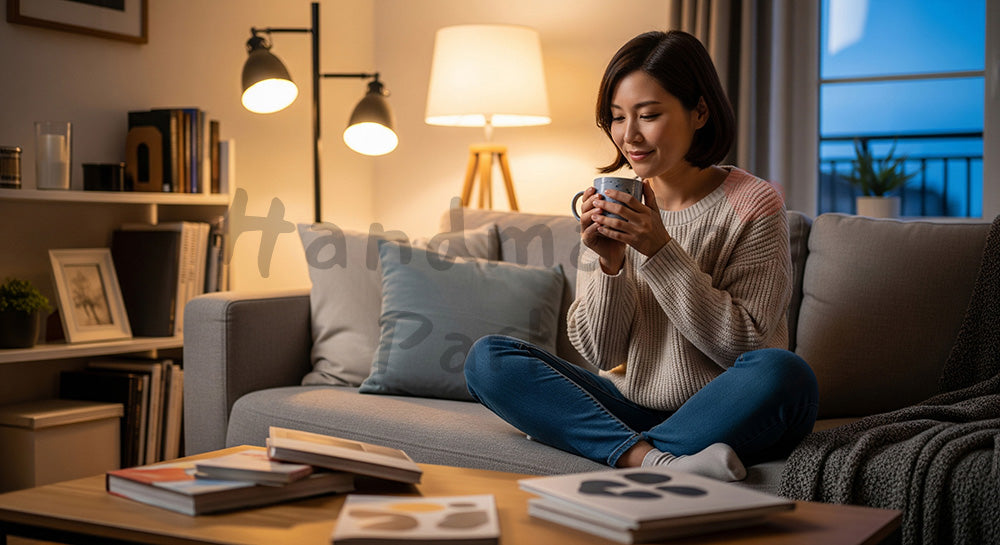 フリー素材 無料 写真｜ソファでマグカップを手にくつろぐ日本人主婦のリラックスタイム