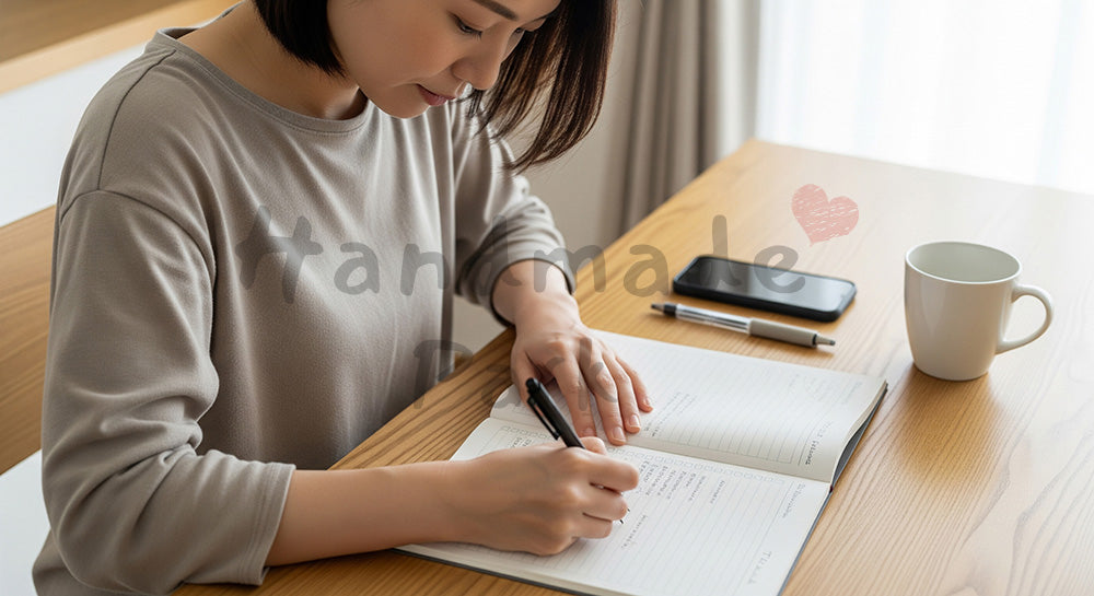 フリー素材 無料 写真｜ダイニングテーブルで一週間分のToDoリストを書く日本人主婦の家事計画シーン 背景素材
