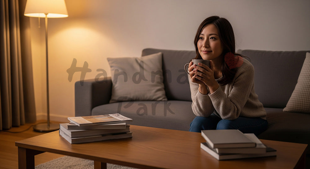フリー素材 無料 写真｜背景素材ソファでマグカップを手にくつろぐ日本人主婦のリラックスタイム 写真背景