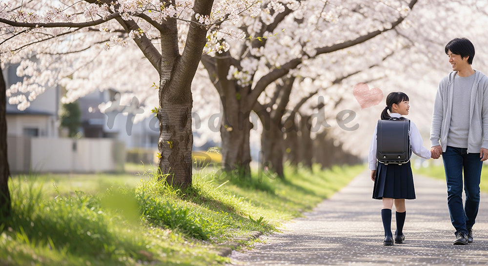フリー素材 無料 写真｜桜の通学路を歩く新入生と日本人の親子、朝の自然光で新生活の希望を描く春のシーン 背景素材