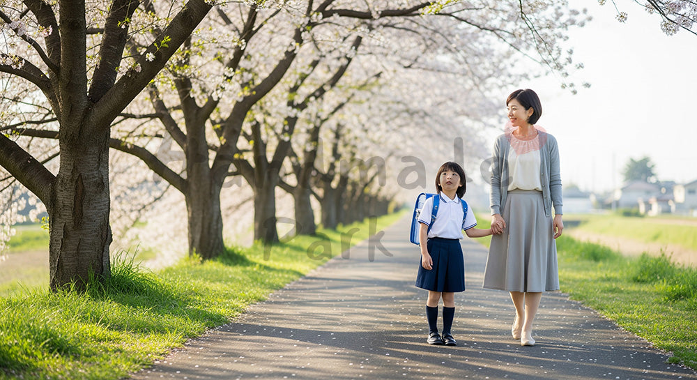 フリー素材 無料 写真｜桜の通学路を歩く新入生と日本人の親子朝の自然光で新生活の希望を描く春のシーン