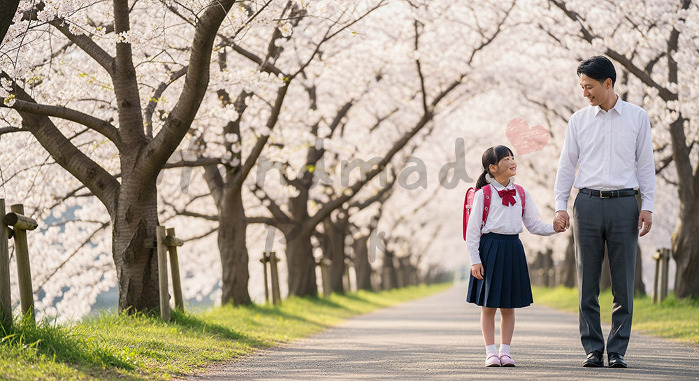 フリー素材 無料 写真｜朝の自然光で新生活の希望を描く春のシーンのある桜の通学路を歩く新入生と日本人の親子