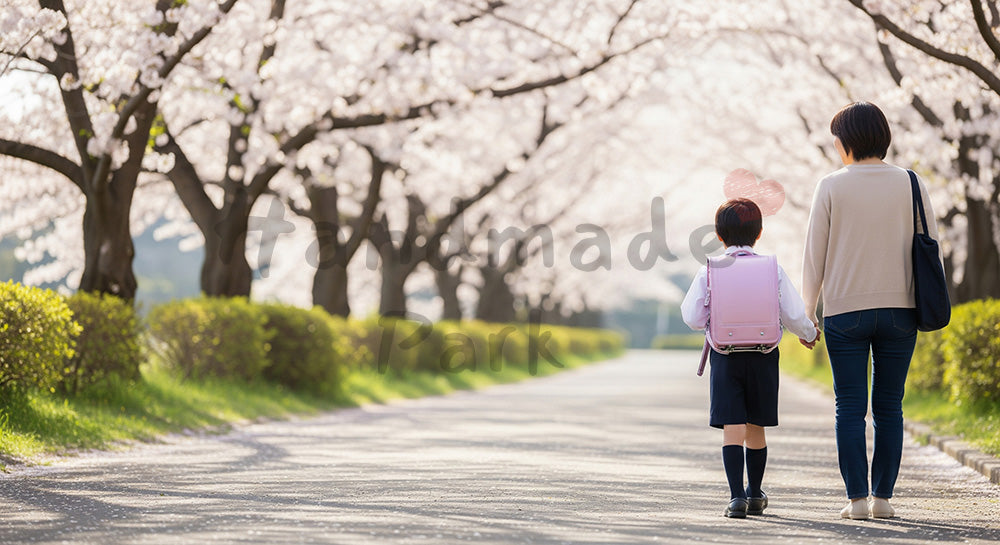 フリー素材 無料 写真｜桜の通学路を歩く新入生と日本人の親子、朝の自然光で新生活の希望を描く春のシーン（文字入れ向き）