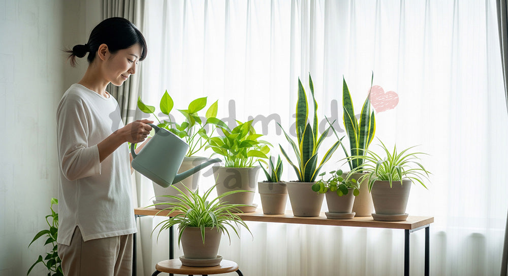 フリー素材 無料 写真｜窓辺の観葉植物に水やりをする日本人主婦のナチュラルな暮らし 背景素材