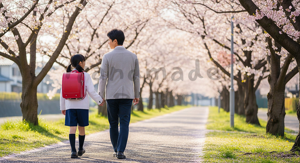 フリー素材 無料 写真｜桜の通学路を歩く新入生と日本人の親子、朝の自然光で新生活の希望を描く春のシーン 背景素材
