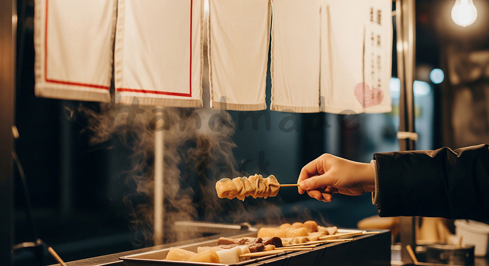 フリー素材 無料 写真｜無地暖簾で扱いやすい冬の夜市フードのあるおでん屋台で串を取る日本人の手元