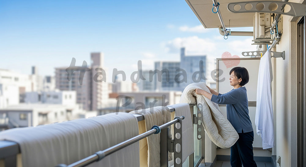 フリー素材 無料 写真｜ベランダで布団を干してたたく日本人主婦の布団ケアシーン