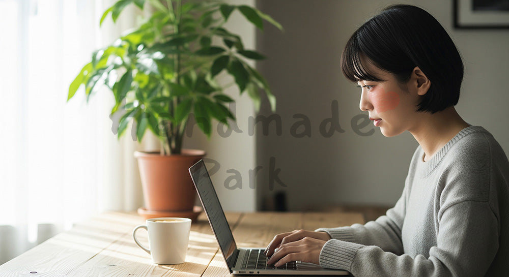 フリー素材 無料 写真｜自宅のカフェコーナーでノートPC作業をする日本人女性、自然光とソフトトーンで整えた在宅ワーク 背景素材