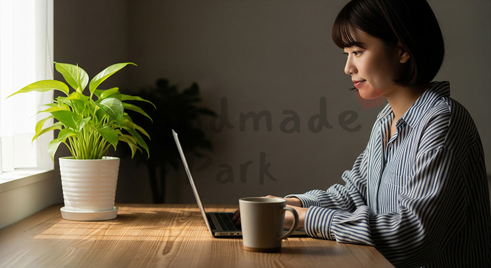 フリー素材 無料 写真｜自然光とソフトトーンで整えた在宅ワークのある自宅のカフェコーナーでノートPC作業をする日本人女性