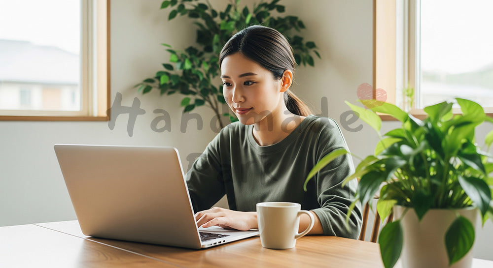 フリー素材 無料 写真｜自宅のカフェコーナーでノートPC作業をする日本人女性、自然光とソフトトーンで整えた在宅ワーク