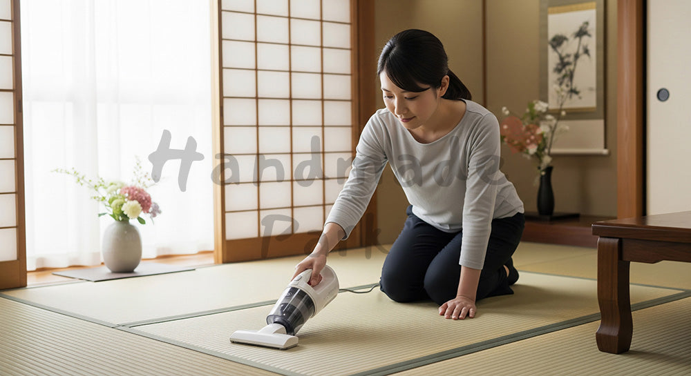 フリー素材 無料 写真｜和室の畳を小型掃除機で掃除する日本人主婦の家事シーン