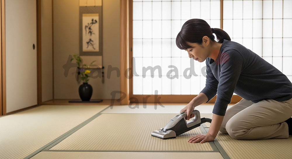フリー素材 無料 写真｜背景素材和室の畳を小型掃除機で掃除する日本人主婦の家事シーン 写真背景