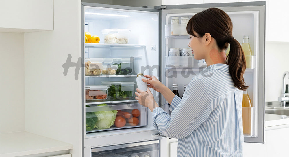 フリー素材 無料 写真｜冷蔵庫の中身を整理整頓する日本人主婦のキッチン収納シーン