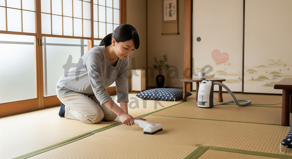 フリー素材 無料 写真｜和室の畳を小型掃除機で掃除する日本人主婦の家事シーン 背景素材