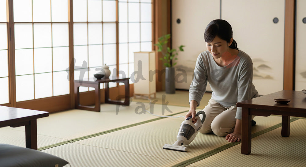 フリー素材 無料 写真｜和室の畳を小型掃除機で掃除する日本人主婦の家事シーン