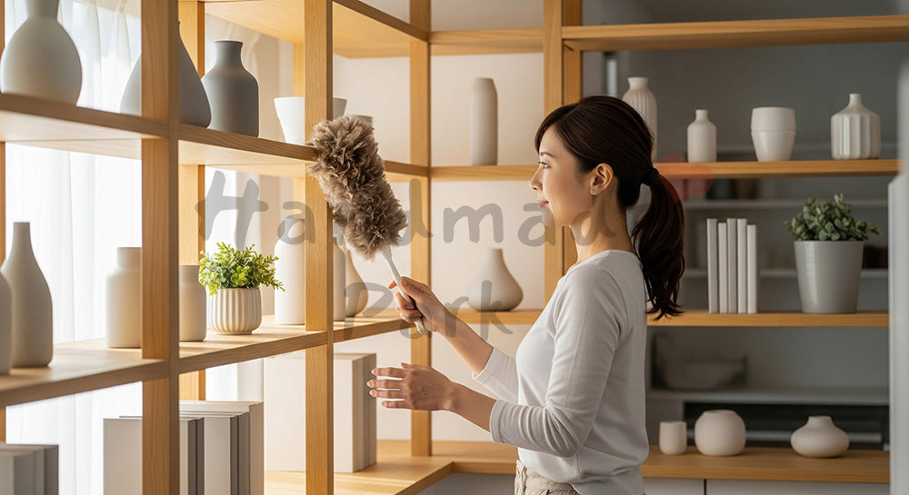 フリー素材 無料 写真｜オープンシェルフのホコリを払う日本人主婦、無地小物でまとめた明るい室内のほこり取り（文字入れ向き）