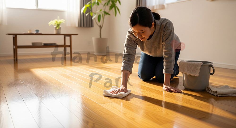フリー素材 無料 写真｜フローリングを雑巾がけする日本人主婦の年末大掃除シーン 背景素材