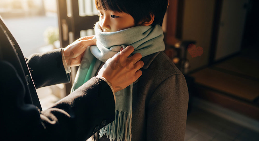 フリー素材 無料 写真｜登校前にマフラーを巻いてあげる日本人親の手元、やさしい朝の光で冬の支度を表現 背景素材