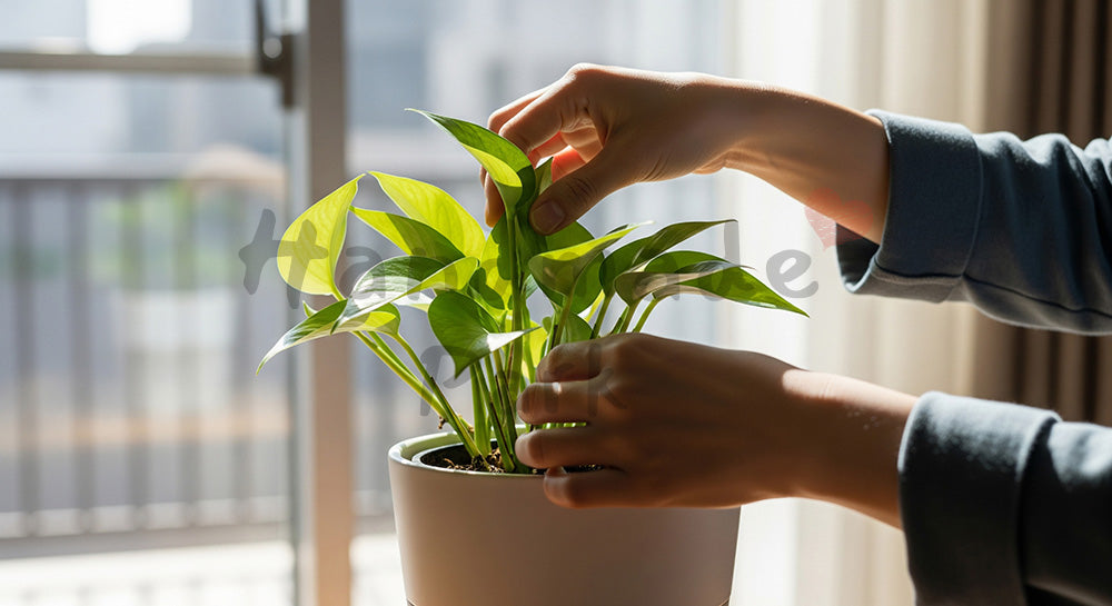 フリー素材 無料 写真｜無地鉢とやわらかな光、窓際に観葉植物を置く日本人の手元