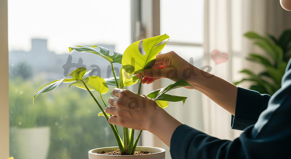 フリー素材 無料 写真｜背景素材窓際に観葉植物を置く日本人の手元、無地鉢とやわらかな光 写真背景