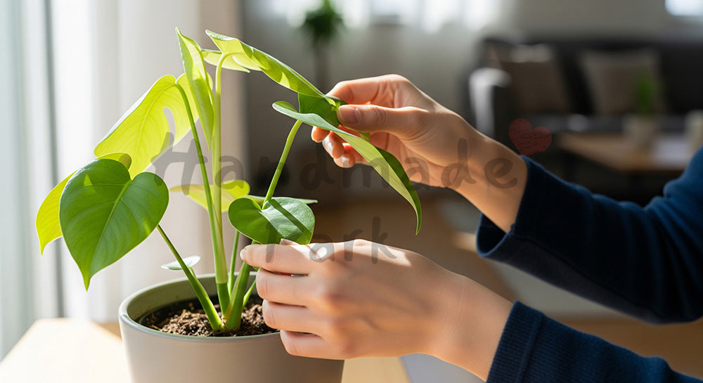 フリー素材 無料 写真｜窓際に観葉植物を置く日本人の手元、無地鉢とやわらかな光 背景素材