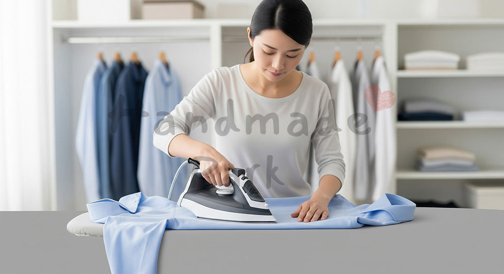 フリー素材 無料 写真｜アイロン台でシャツにスチームアイロンをかける日本人主婦の衣類ケア