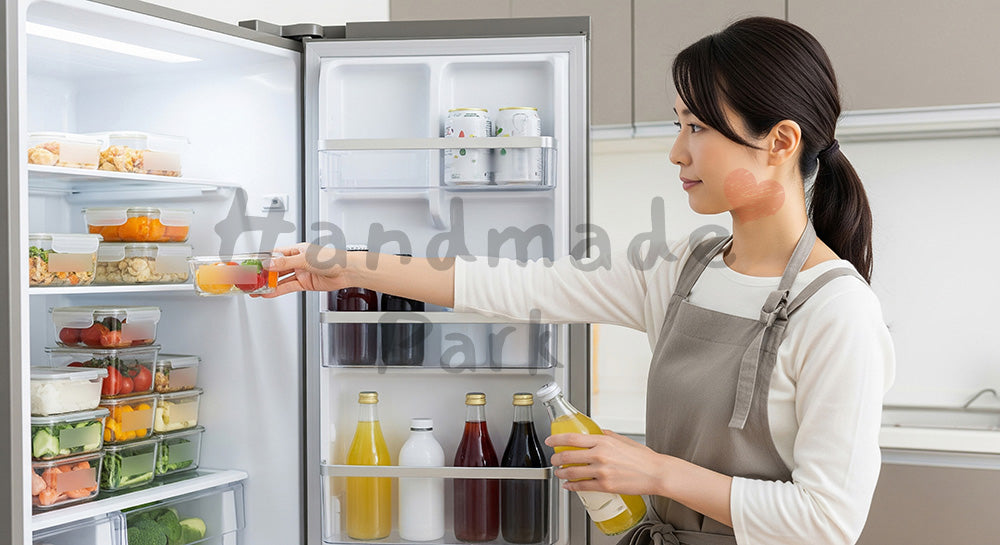 フリー素材 無料 写真|冷蔵庫の中身を整理整頓する日本人主婦のキッチン収納シーン