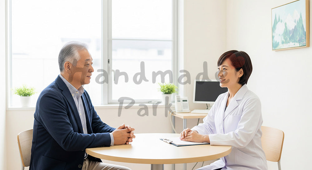 フリー素材 無料 写真｜院内の相談室で日本人シニアが女性医師に相談、清潔感ある空間で信頼を伝えるカウンセリング 写真バックグラウンド 背景素材