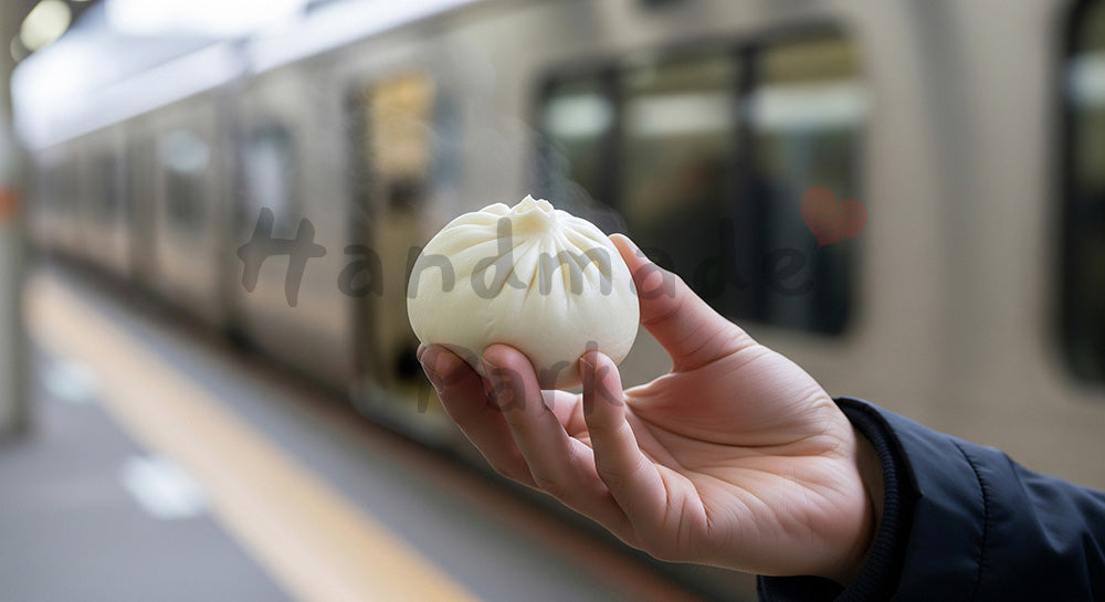 フリー素材 無料 写真｜駅ホームで肉まんを手にする日本人の手元、控えめな湯気で冬の小さな幸福を切り取る 背景素材
