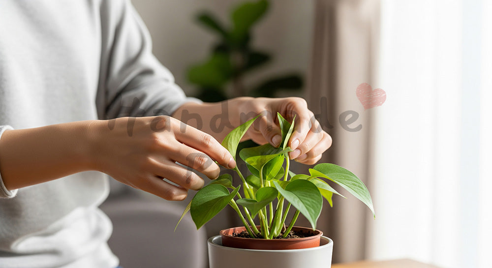 フリー素材 無料 写真｜窓際に観葉植物を置く日本人の手元、無地鉢とやわらかな光