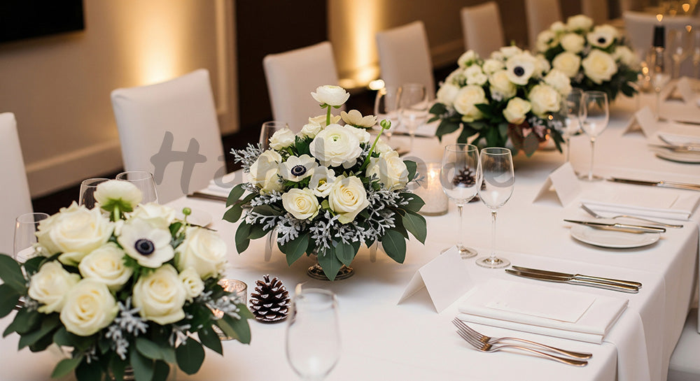 フリー素材 無料 写真｜無地席札で上品にまとめたシーズンウェディングのある冬の結婚式会場の装花と白クロスのテーブル