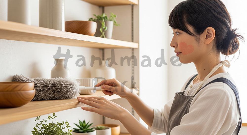 フリー素材 無料 写真｜オープンシェルフのホコリを払う日本人主婦、無地小物でまとめた明るい室内のほこり取り 背景素材