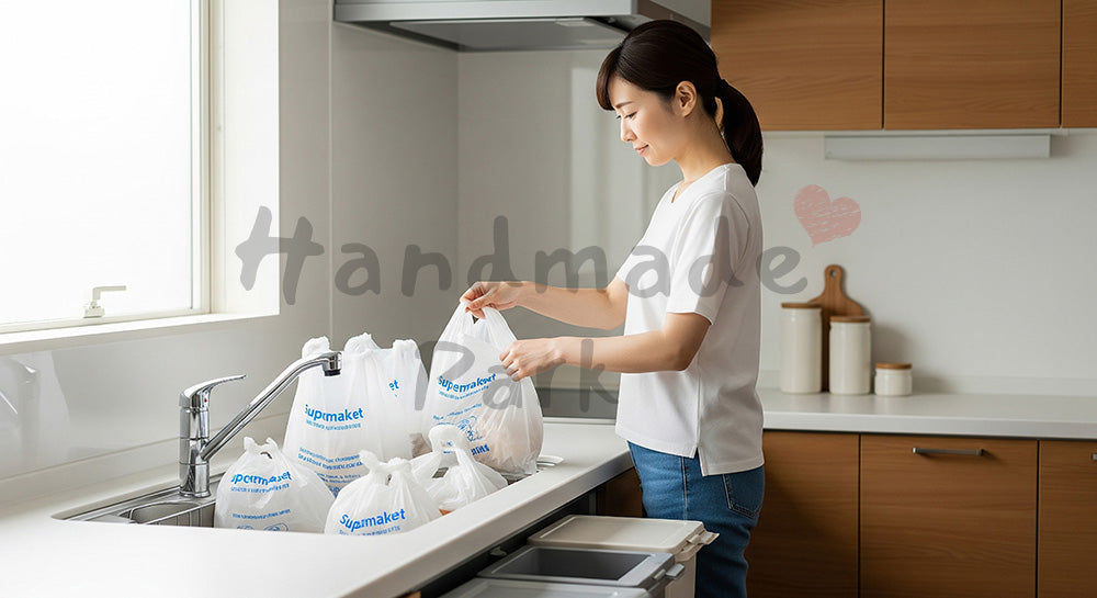 フリー素材 無料 写真｜キッチンで家庭ゴミを分別する日本人主婦の暮らしのシーン 背景素材