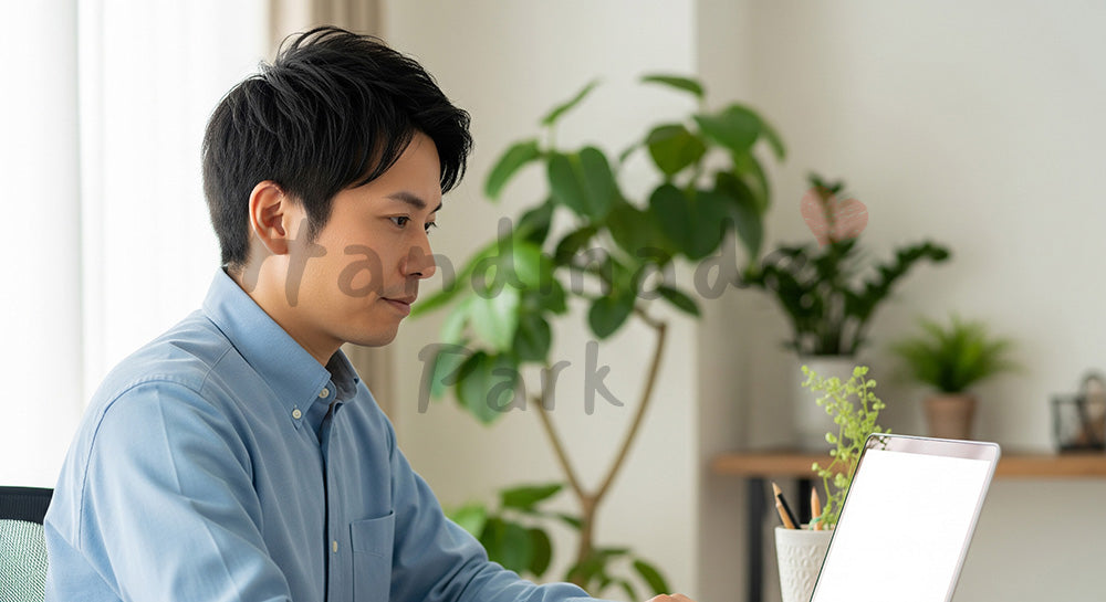 フリー素材 無料 写真｜柔らかな自然光で清潔感のある室内シーン、在宅勤務の30代日本人男性が白無地画面のノートPCでオンライン会議