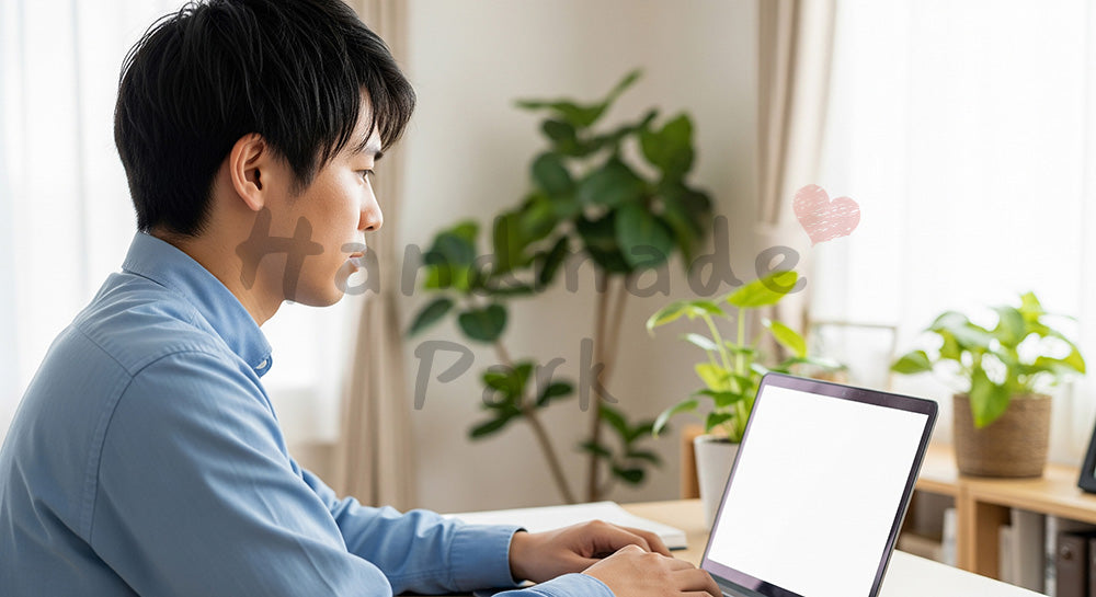 フリー素材 無料 写真｜在宅勤務の30代日本人男性が白無地画面のノートPCでオンライン会議、柔らかな自然光で清潔感のある室内シーン
