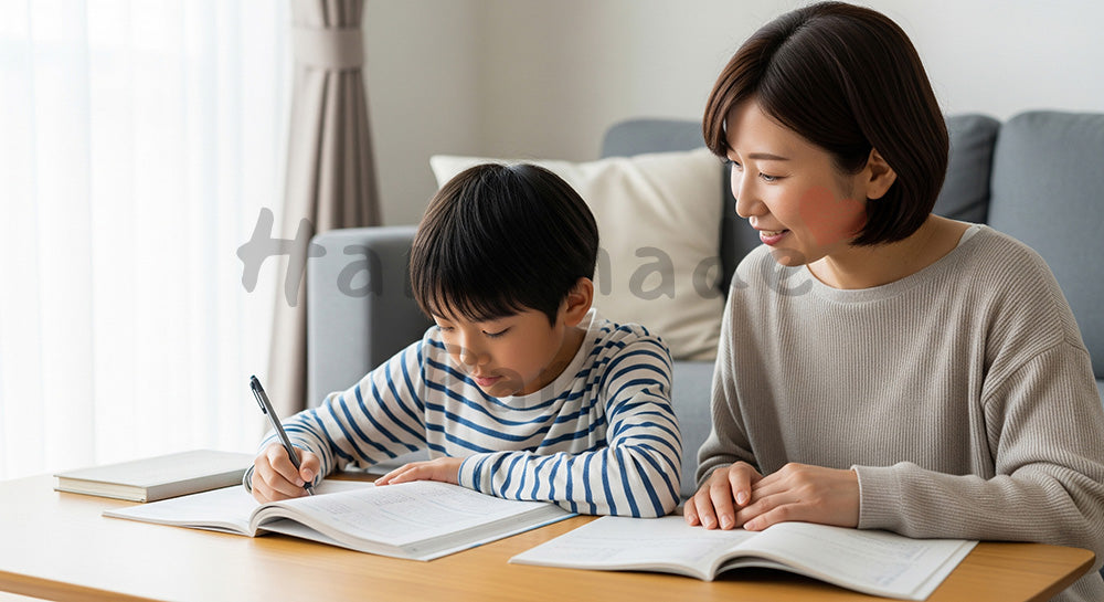 フリー素材 無料 写真｜リビングで子どもの勉強を見守る日本人母親の家庭学習シーン 背景素材