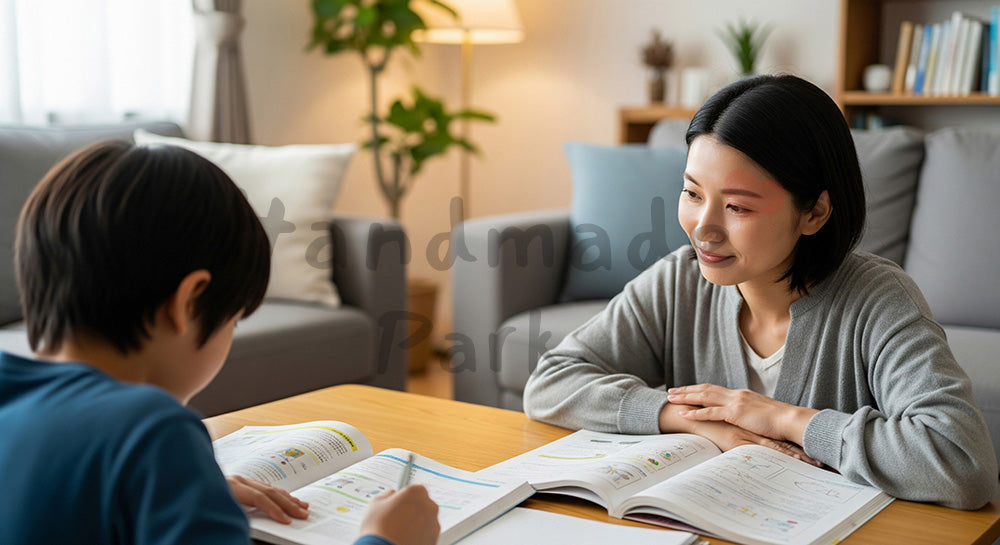 フリー素材 無料 写真｜リビングで子どもの勉強を見守る日本人母親の家庭学習シーン