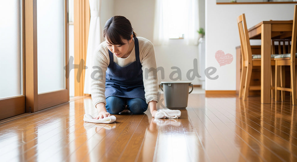 フリー素材 無料 写真｜フローリングを雑巾がけする日本人主婦の年末大掃除シーン