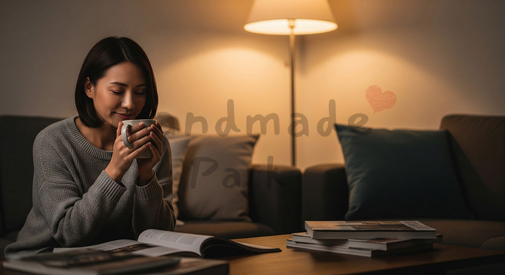 フリー素材 無料 写真｜ソファでマグカップを手にくつろぐ日本人主婦のリラックスタイム