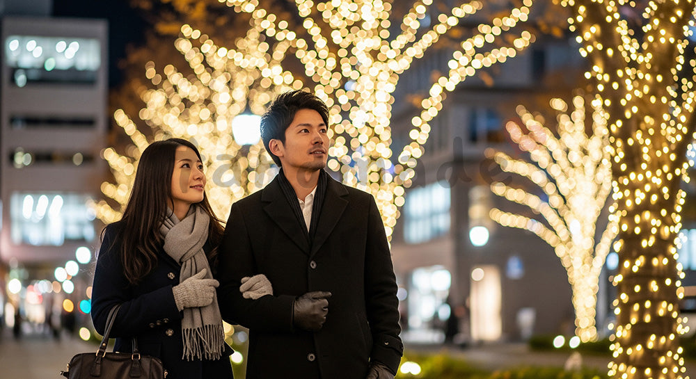 フリー素材 無料 写真｜冬の並木道でイルミネーションを楽しむ日本人カップルの夜景散歩、季節感とやわらかな光で心温まるホリデーシーン 背景素材