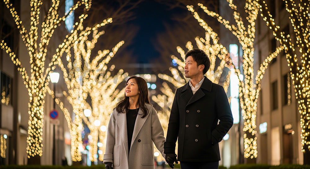 フリー素材 無料 写真｜冬の並木道でイルミネーションを楽しむ日本人カップルの夜景散歩季節感とやわらかな光で心温まるホリデーシーン