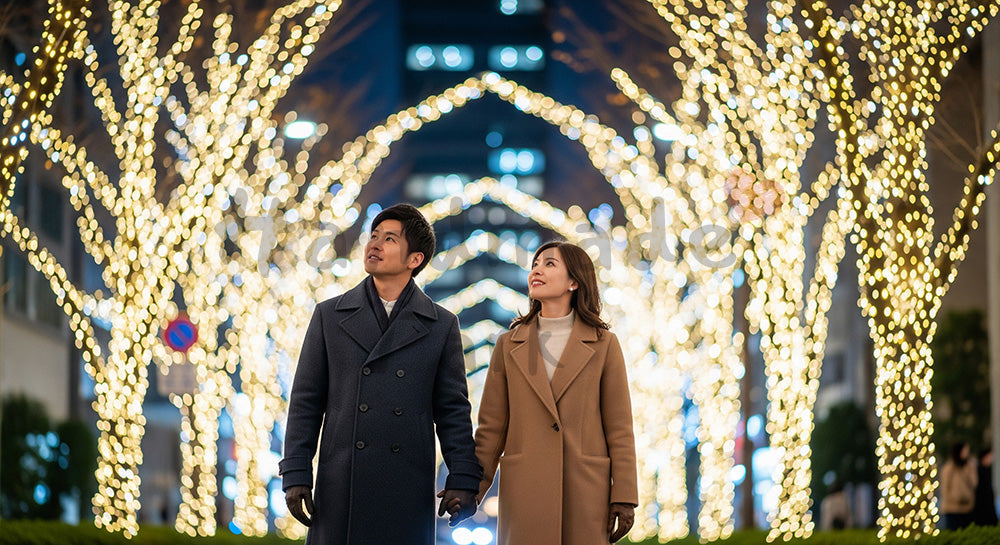 フリー素材 無料 写真｜季節感とやわらかな光で心温まるホリデーシーンのある冬の並木道でイルミネーションを楽しむ日本人カップルの夜景散歩