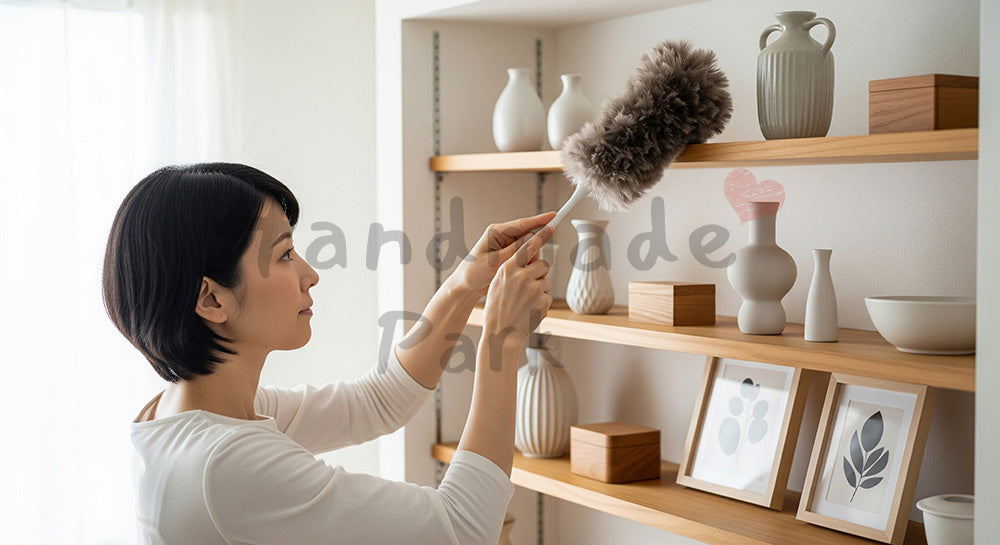 フリー素材 無料 写真｜オープンシェルフのホコリを払う日本人主婦、無地小物でまとめた明度が高い室内のほこり取り