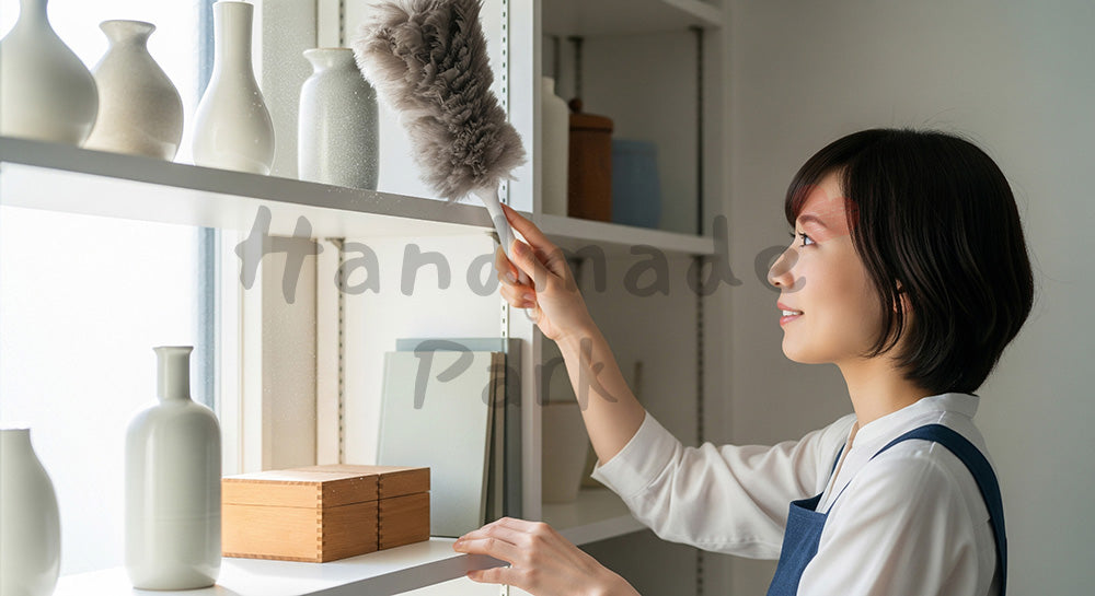 フリー素材 無料 写真｜オープンシェルフのホコリを払う日本人主婦無地小物でまとめた明るい室内のほこり取り