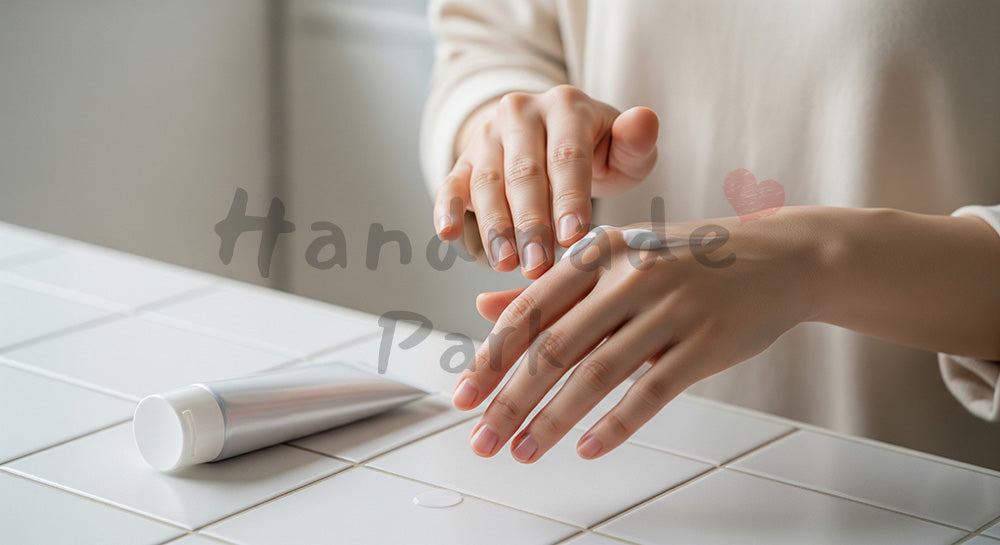 フリー素材 無料 写真｜家事の合間にハンドクリームで手肌をケアする日本人主婦の手元シーン