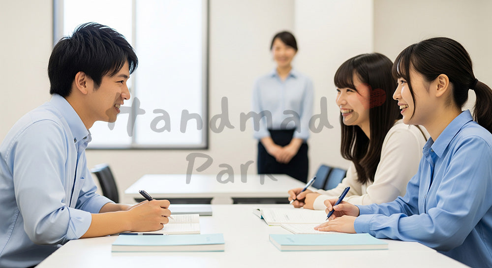 フリー素材 無料 写真｜語学スクールで英会話のペアワークに取り組む日本人学習者たち（表現5）