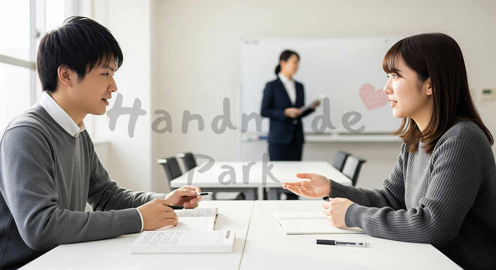 フリー素材 無料 写真｜語学スクールで英会話のペアワークに取り組む日本人学習者たち（表現2）