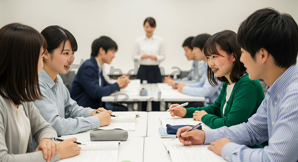 フリー素材 無料 写真｜語学スクールで英会話のペアワークに取り組む日本人学習者たち（表現1）
